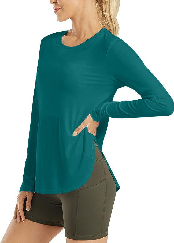 AD30 Women Crew Neck Long Sleeve Workout Shirt, Quick‑Dry Breathable Sun Protection Athletic Top with Side Split Hem for Yoga Running Outdoor & Daily Casual