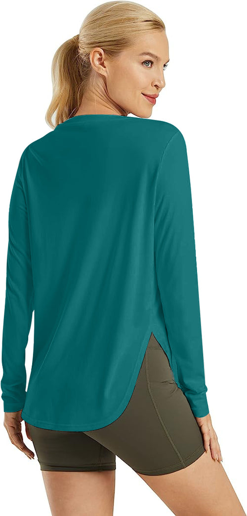 AD30 Women Crew Neck Long Sleeve Workout Shirt, Quick‑Dry Breathable Sun Protection Athletic Top with Side Split Hem for Yoga Running Outdoor & Daily Casual