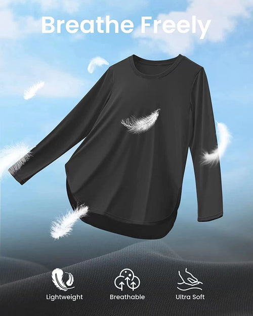 AD22 Women Crew Neck Long Sleeve Workout Shirt, Quick‑Dry Breathable Sun Protection Athletic Top with Side Split Hem for Yoga Running Outdoor & Daily Casual