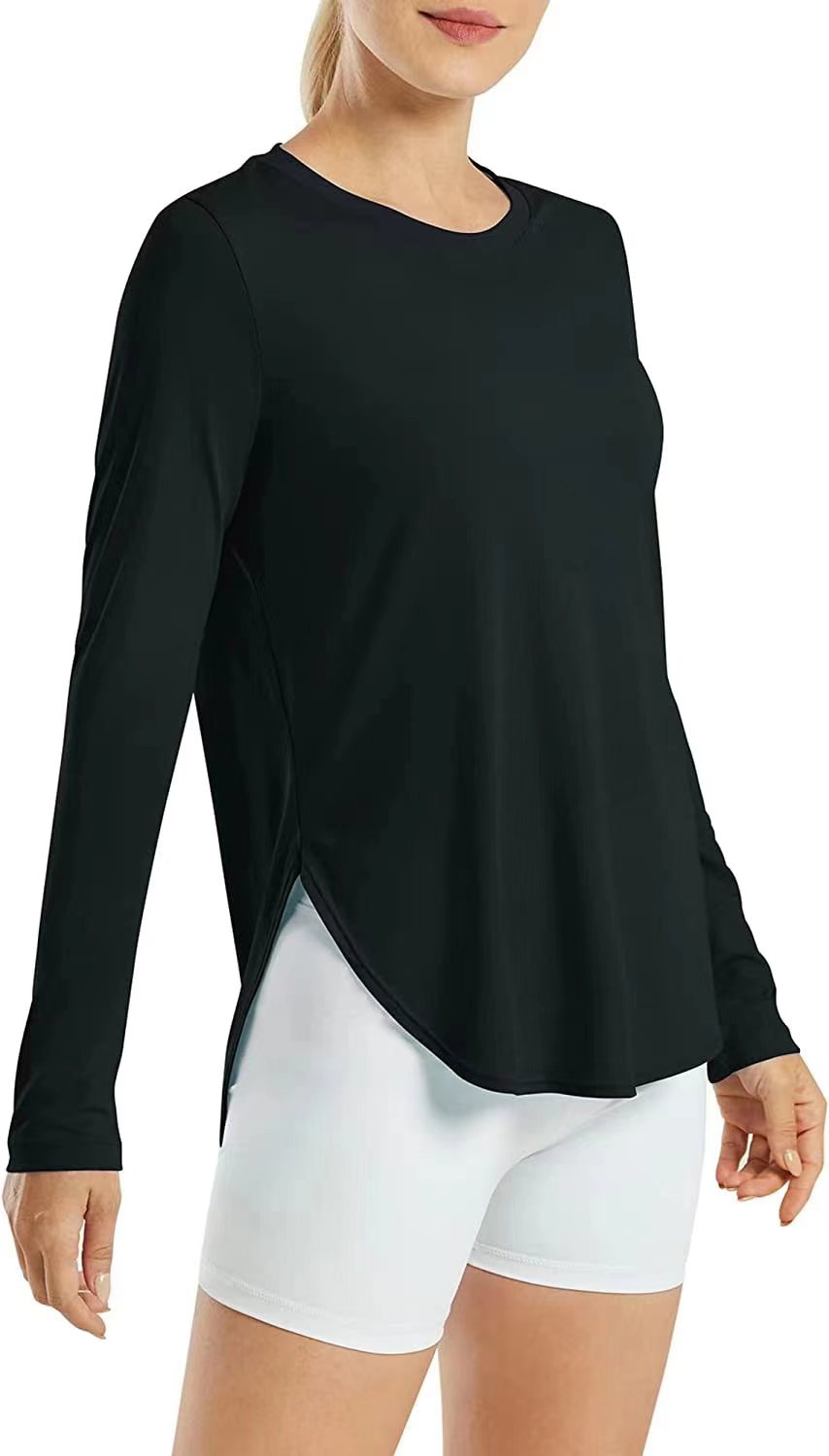 AD22 Women Crew Neck Long Sleeve Workout Shirt, Quick‑Dry Breathable Sun Protection Athletic Top with Side Split Hem for Yoga Running Outdoor & Daily Casual