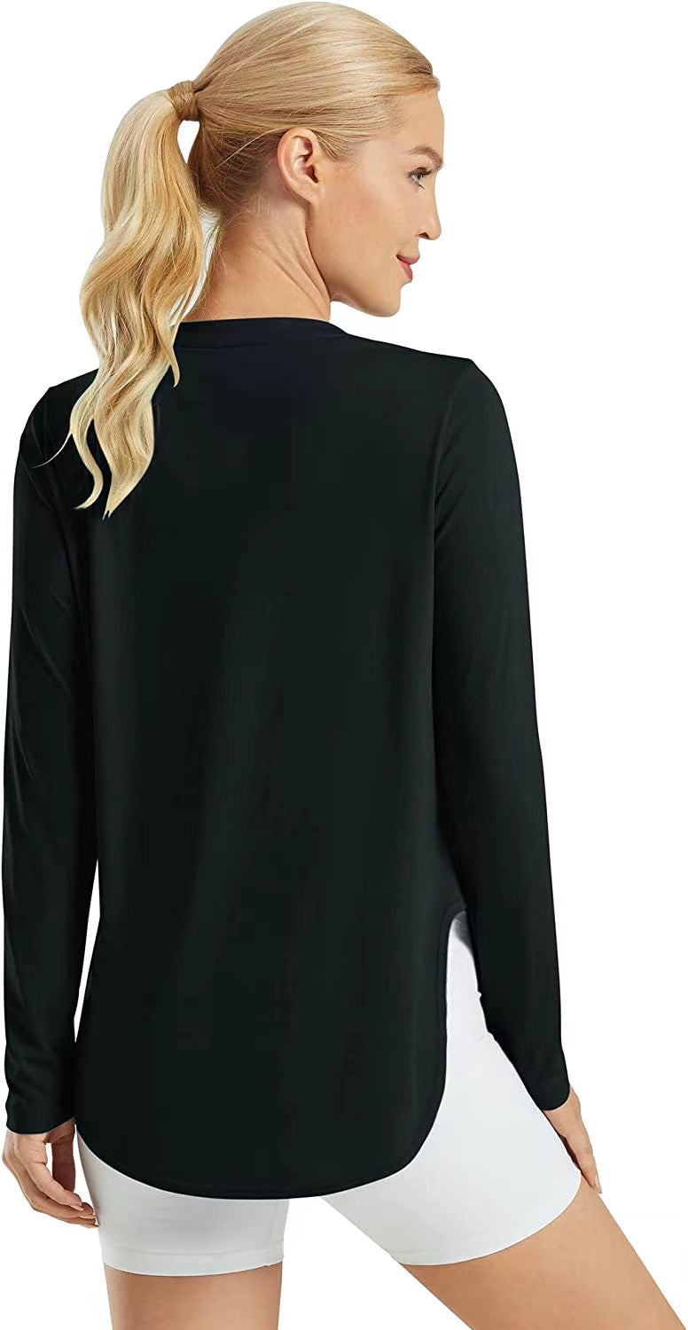 AD22 Women Crew Neck Long Sleeve Workout Shirt, Quick‑Dry Breathable Sun Protection Athletic Top with Side Split Hem for Yoga Running Outdoor & Daily Casual