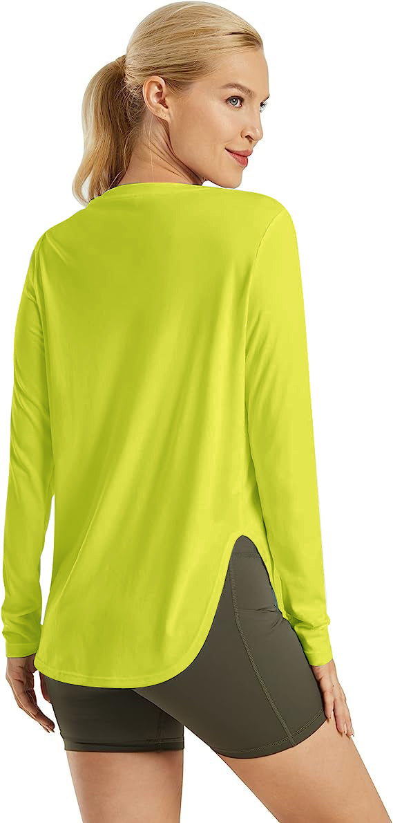 AD35 Women Crew Neck Long Sleeve Workout Shirt, Quick‑Dry Breathable Sun Protection Athletic Top with Side Split Hem for Yoga Running Outdoor & Daily Casual