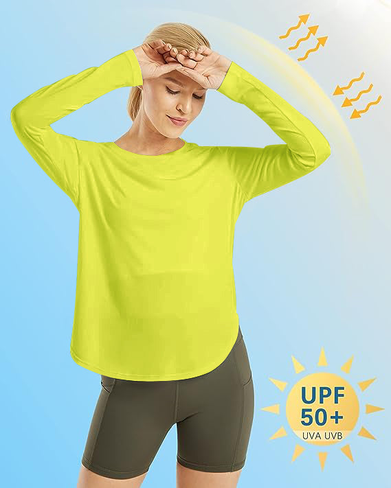 AD35 Women Crew Neck Long Sleeve Workout Shirt, Quick‑Dry Breathable Sun Protection Athletic Top with Side Split Hem for Yoga Running Outdoor & Daily Casual