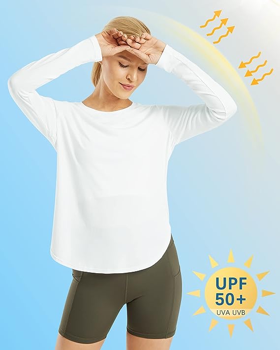 AD34 Women Crew Neck Long Sleeve Workout Shirt, Quick‑Dry Breathable Sun Protection Athletic Top with Side Split Hem for Yoga Running Outdoor & Daily Casual