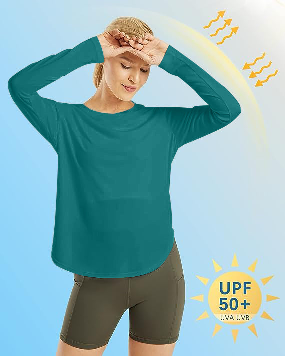 AD30 Women Crew Neck Long Sleeve Workout Shirt, Quick‑Dry Breathable Sun Protection Athletic Top with Side Split Hem for Yoga Running Outdoor & Daily Casual