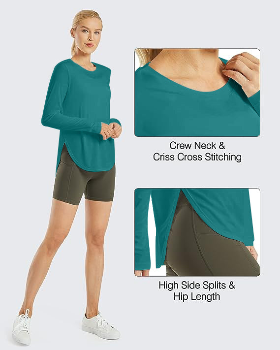 AD30 Women Crew Neck Long Sleeve Workout Shirt, Quick‑Dry Breathable Sun Protection Athletic Top with Side Split Hem for Yoga Running Outdoor & Daily Casual