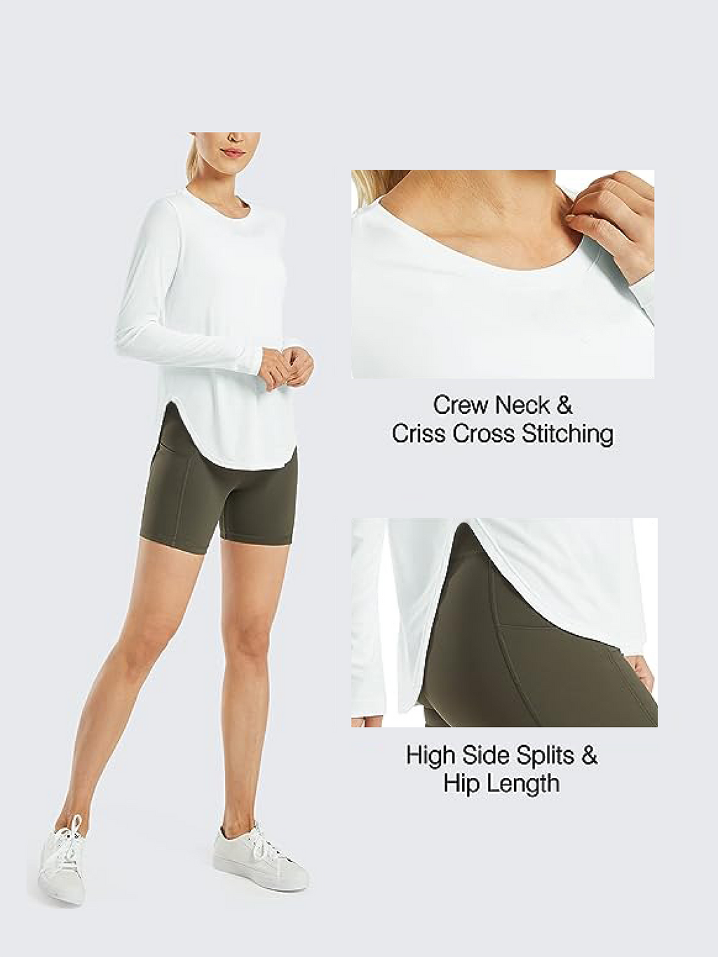 AD34 Women Crew Neck Long Sleeve Workout Shirt, Quick‑Dry Breathable Sun Protection Athletic Top with Side Split Hem for Yoga Running Outdoor & Daily Casual