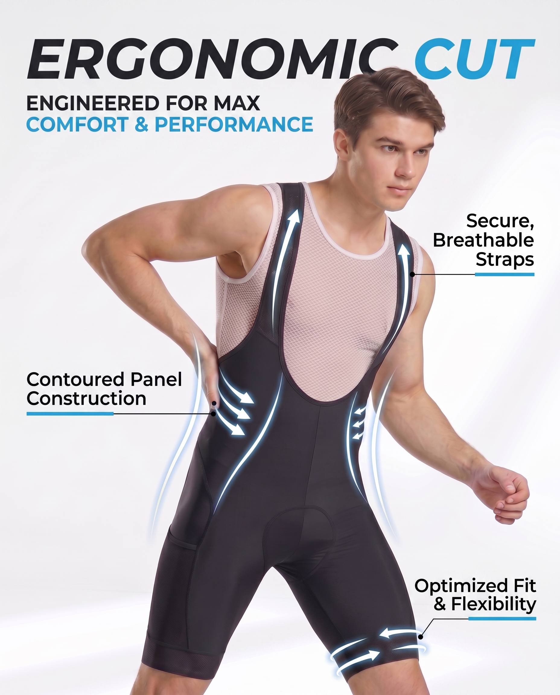 CEROTIPOLAR B53 Men's Cycling Bib Shorts with 4D MaxCool Pad, Ergonomic Cut | Bike Bibs for Road, Gravel&MTB|Breathable Wicking Compression Fabric|Anti-slip Cuff|4Cargo+1 Rear Pockets|UPF50+