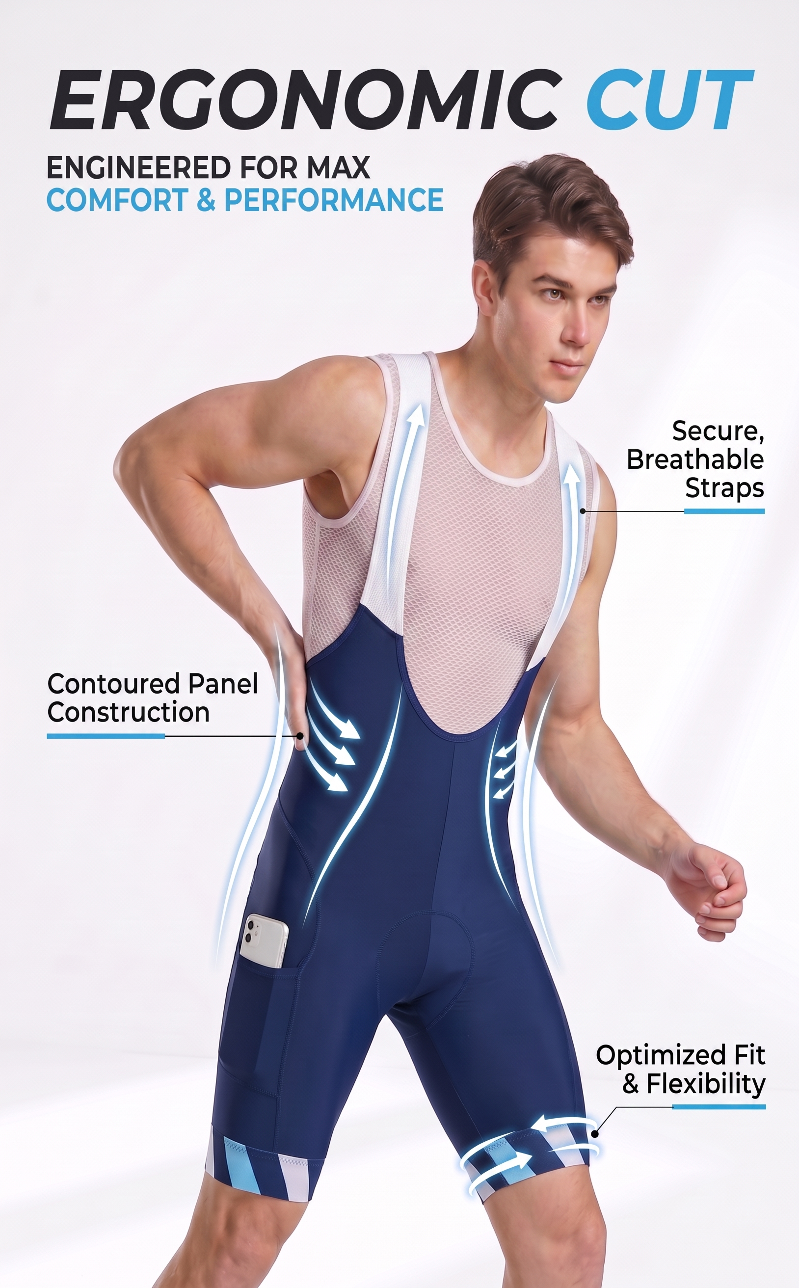 CEROTIPOLAR B57 Men's Cycling Bib Shorts with 4D MaxCool Pad, Ergonomic Cut | Bike Bibs for Road, Gravel&MTB|Breathable Wicking Compression Fabric|Anti-slip Cuff|4Cargo+1 Rear Pockets|UPF50+