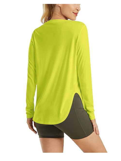 AD35 Women Crew Neck Long Sleeve Workout Shirt, Quick‑Dry Breathable Sun Protection Athletic Top with Side Split Hem for Yoga Running Outdoor & Daily Casual