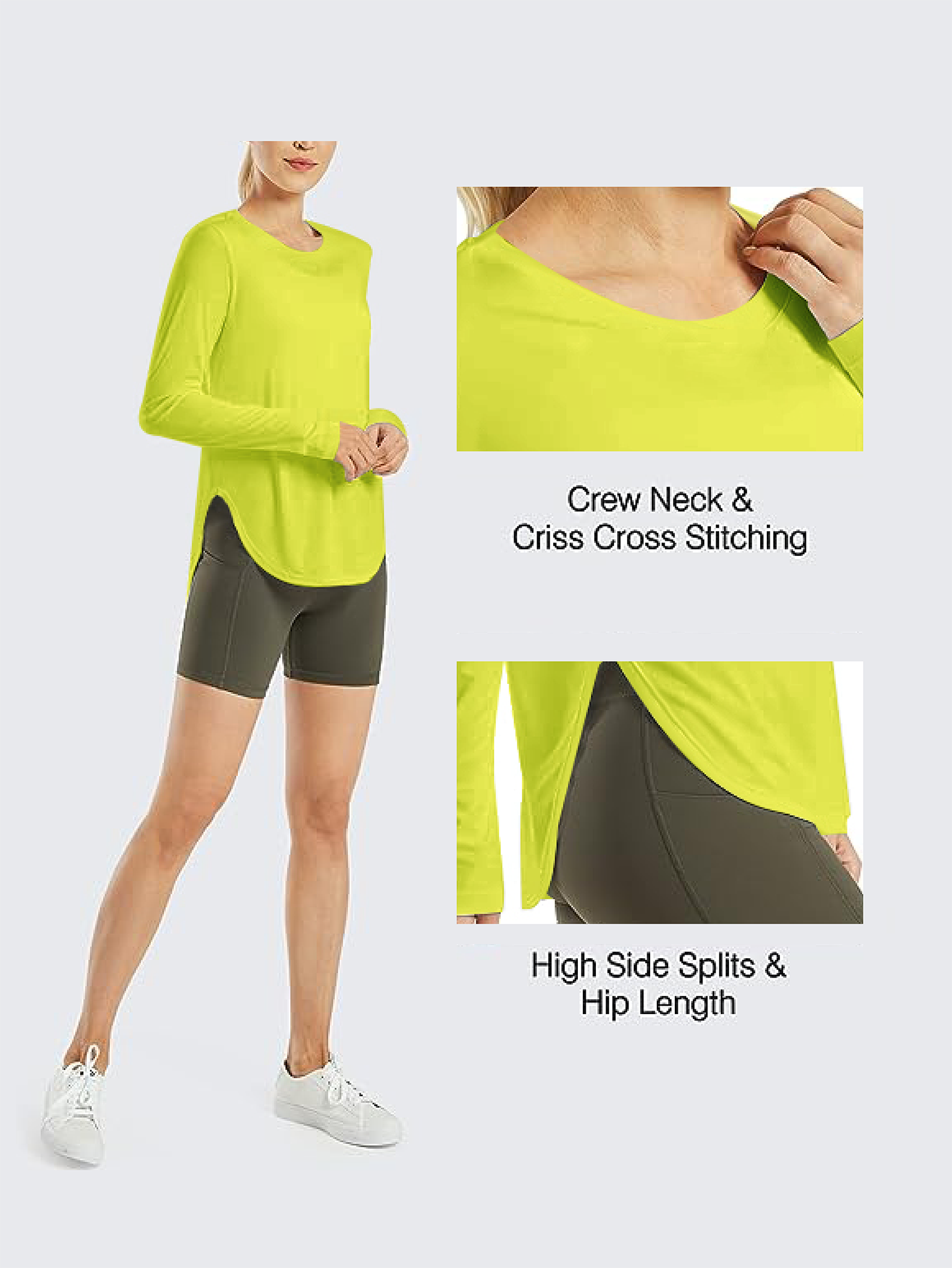 AD35 Women Crew Neck Long Sleeve Workout Shirt, Quick‑Dry Breathable Sun Protection Athletic Top with Side Split Hem for Yoga Running Outdoor & Daily Casual