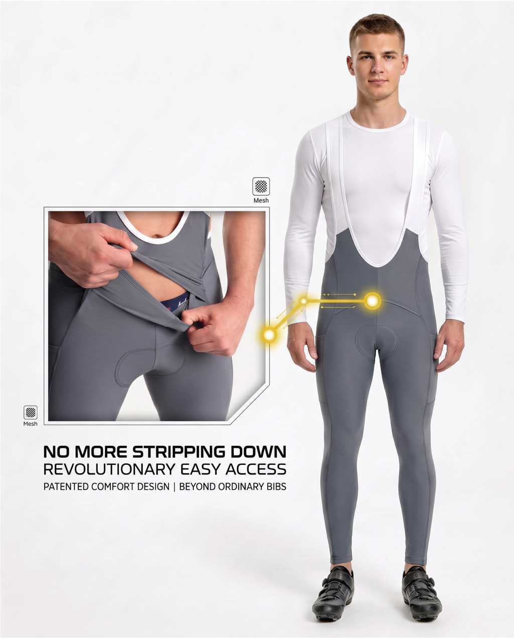 D36 Thermal Fleece Bathroom Access Cycling Bib Pants Thermal Fleece Lined, 4D Padded Chamois, Side Pockets, Winter Road, Gravel&MTB