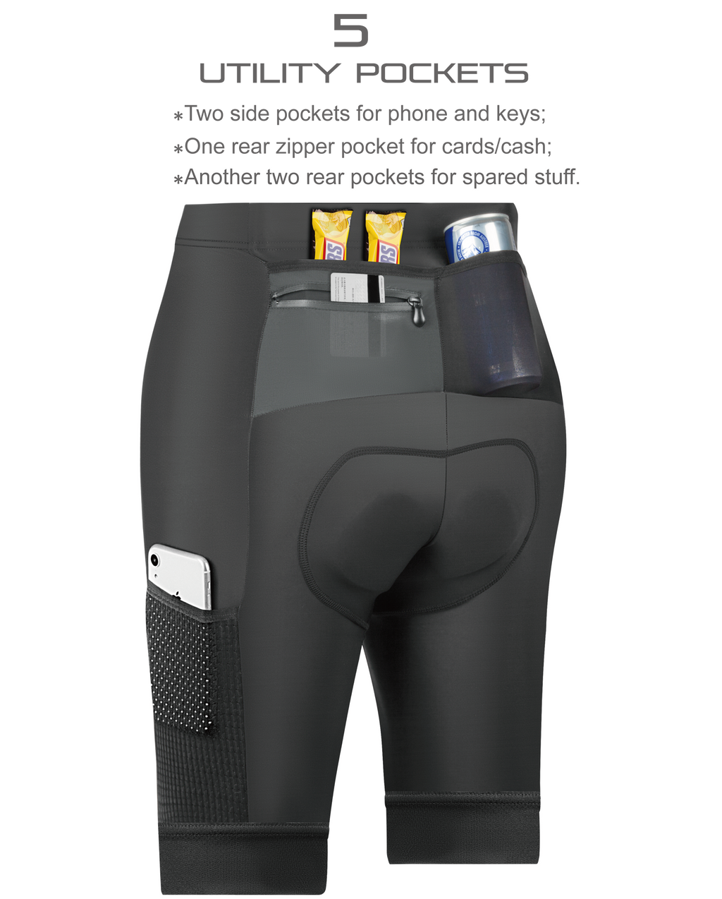 CEROTIPOLAR B54 Men's Cargo Bike Shorts, 4D Padded Anti-Chafe Compression Bike Shorts with Large Phone Side Pockets UPF50+