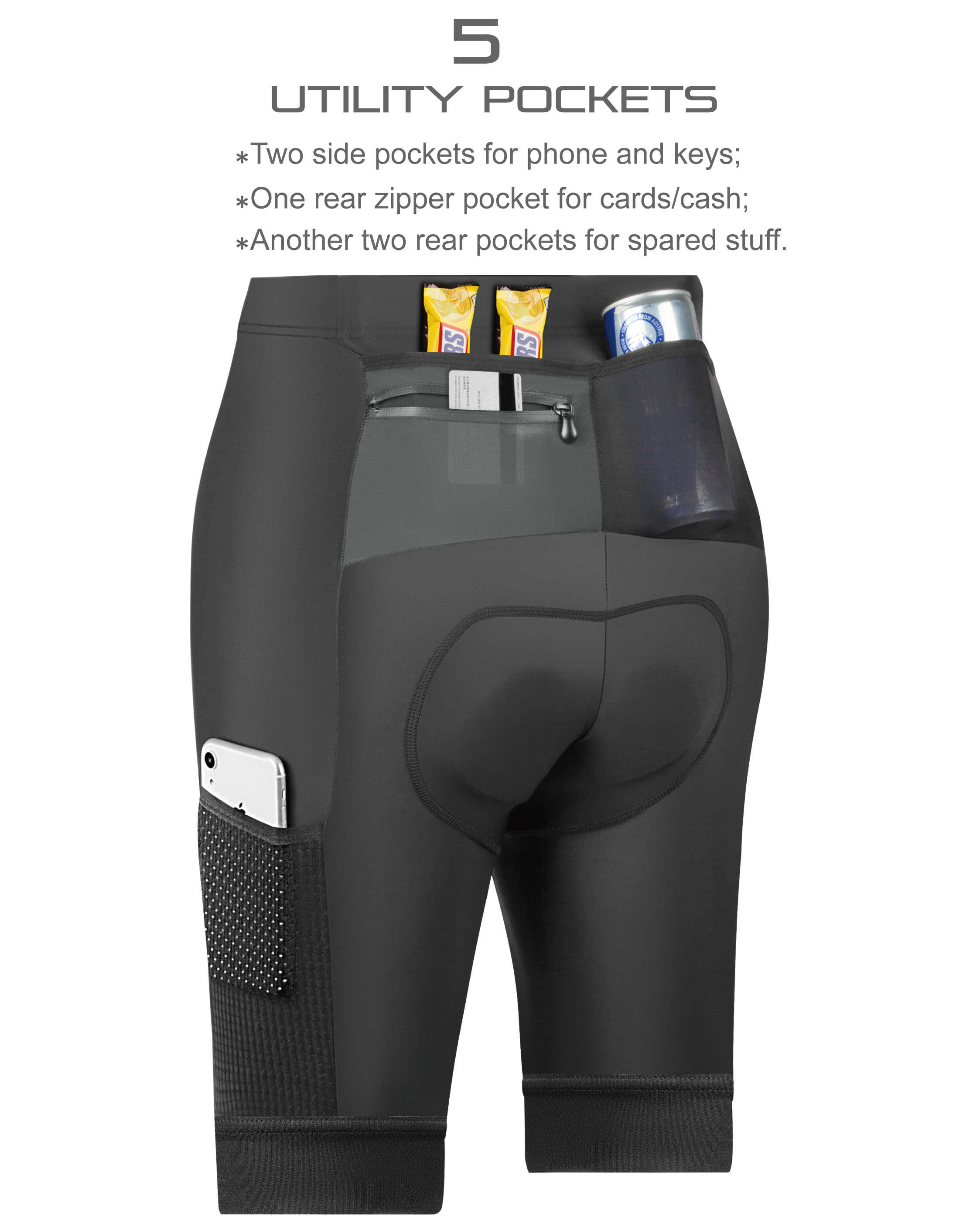 CEROTIPOLAR B54 Men's Cargo Bike Shorts, 4D Padded Anti-Chafe Compression Bike Shorts with Large Phone Side Pockets UPF50+