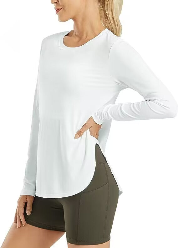 AD34 Women Crew Neck Long Sleeve Workout Shirt, Quick‑Dry Breathable Sun Protection Athletic Top with Side Split Hem for Yoga Running Outdoor & Daily Casual