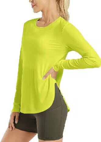 AD35 Women Crew Neck Long Sleeve Workout Shirt, Quick‑Dry Breathable Sun Protection Athletic Top with Side Split Hem for Yoga Running Outdoor & Daily Casual