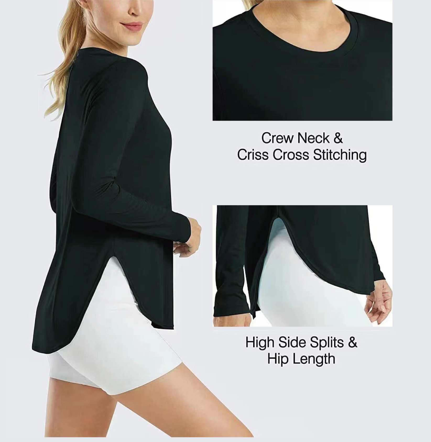 AD22 Women Crew Neck Long Sleeve Workout Shirt, Quick‑Dry Breathable Sun Protection Athletic Top with Side Split Hem for Yoga Running Outdoor & Daily Casual